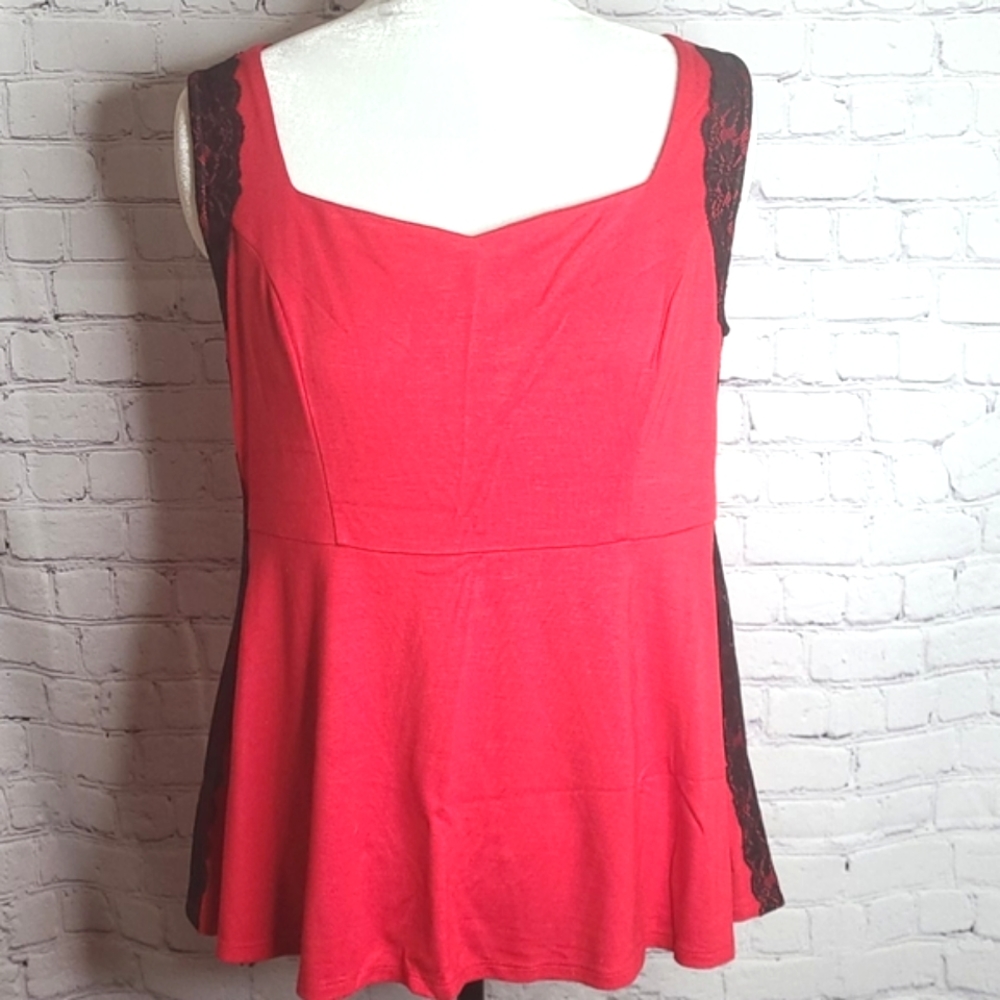 Torrid Red Black Lace Sleeveless Peplum Blouse Top Shirt 1X Plus Size
